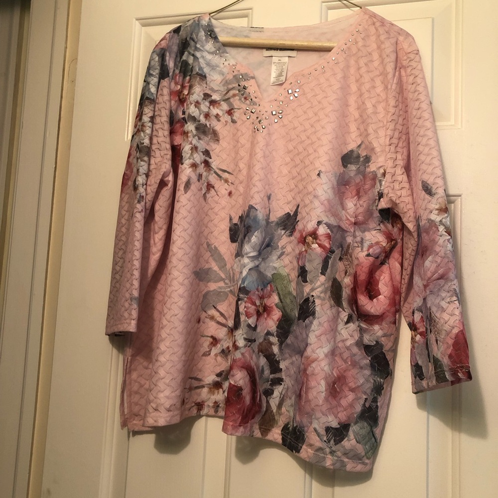 Alfred Dunner Pink Floral Blouse with Embellishments